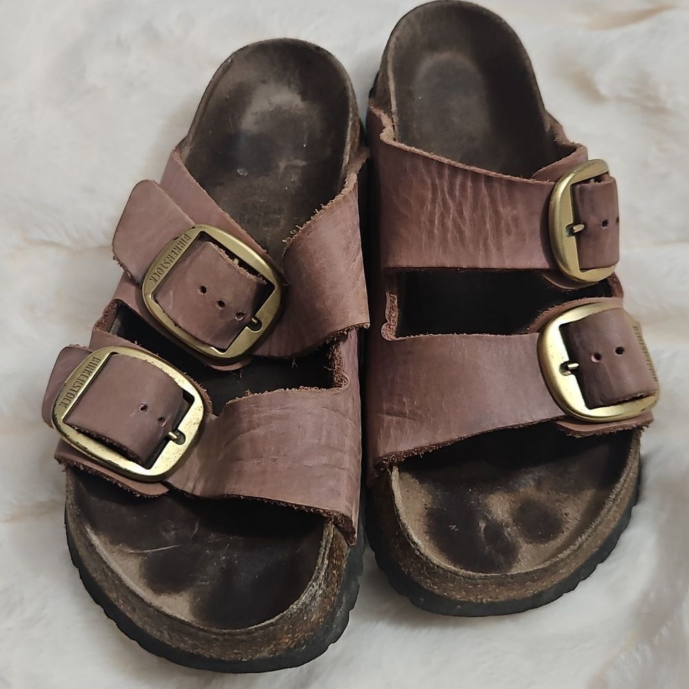 Birkenstock Arizona Pink Brown Leather Sandals Size 38, L7 Well Worn - Picture 2 of 13
